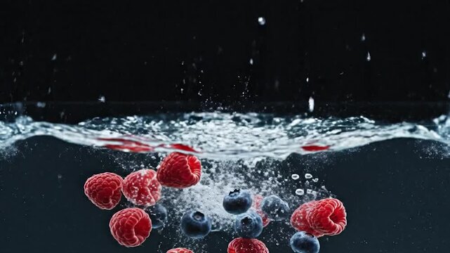Berries submerged in water creating splash with droplets and bubbles against dark backdrop