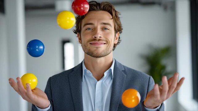A man in a suit is balancing three balls on his head. Concept of skill and confidence, as the man is in control of the situation. The bright colors of the balls add a playful