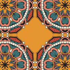 Square decorative pattern with ethnic floral motifs and symmetrical layout.