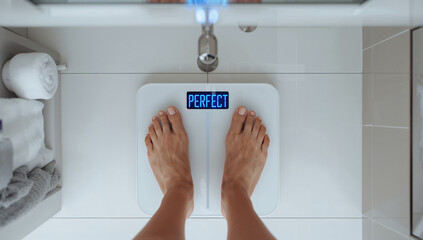 A foot standing on a scale showing Perfect, representing success and a sense of accomplishment in health and wellness