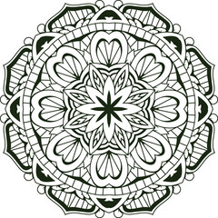 Beige mandala line art with intricate floral symmetry on white background.
