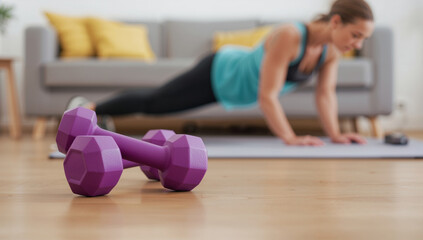 Woman exercising at home, with purple dumbbells in the foreground, emphasizing fitness and health