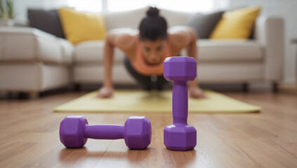 A vibrant home workout scene featuring a woman and purple dumbbells, symbolizing strength and fitness