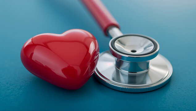 A vibrant red heart with a stethoscope, representing the connection between love and medical care