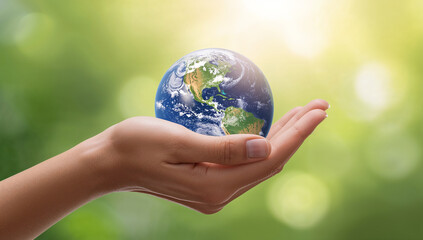 Earth held in a palm, symbolizing global protection and environmental conservation for future generations