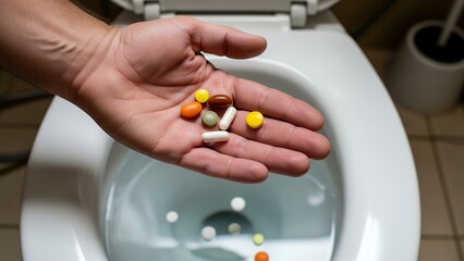 Hand holding various pills over a toilet bowl in a bathroom