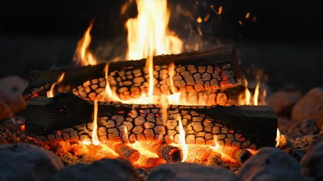Glowing Ember: The heart of a campfire crackles and glows, casting a warm light and inviting atmosphere.