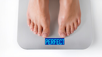 Foot on a digital scale displaying Perfect, symbolizing positive results in fitness, health, and personal progress