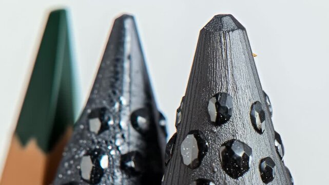 Close-up view captures the vibrant colors and details of sharpened colored pencils with water droplets resting on the tips, highlighting their textures and hues.