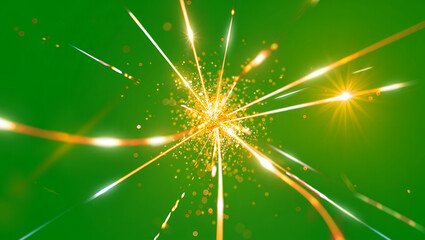 Dynamic abstract light explosion on a vibrant green background, radiating energy with sparkling particles and glowing streaks, creating a futuristic and energetic visual effect