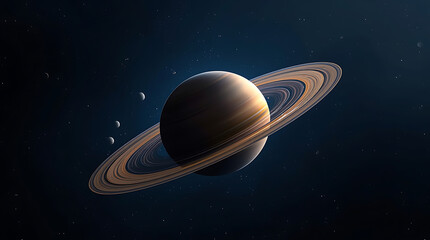 Saturn, a planet in deep space, is characterized by its prominent rings and numerous moons that surround it.