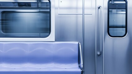 Lavender seats and stainless steel grab bar in subway interior