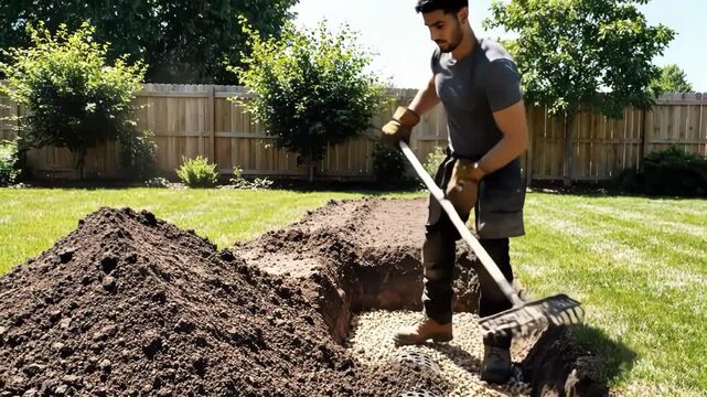 Worker raking soil around a newly installed drainage pipe in a trench
