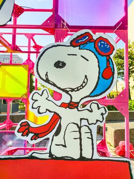 Taipei, Taiwan, Xinyi District, December 15, 2025 &ndash; Snoopy Family Cartoon Character Standees at Christmas with Taipei City Landmarks