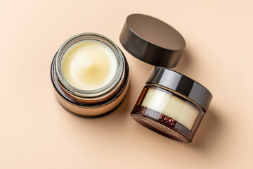 Natural cosmetic cream in open glass jar with minimalist packaging on beige background, skincare product concept with clean beauty and luxury wellness aesthetic