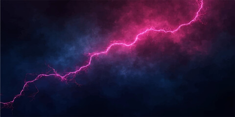 A powerful blue electric bolt strikes through the dark night sky during a dangerous nature storm, creating a bright flash of energy amidst rain and clouds in this abstract thunderstorm background