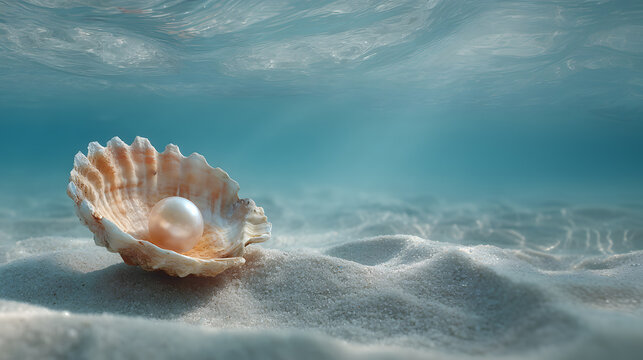 A shell rests on the sandy ocean floor with a pearl inside it, illuminated by sunlight from above