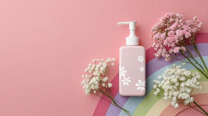 Overhead shot of pink soap dispenser, baby's breath, and paper rainbow on pink backdrop