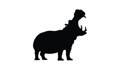 Silhouette of a hippopotamus with open mouth yawning for animal behavior and wildlife photography concepts.