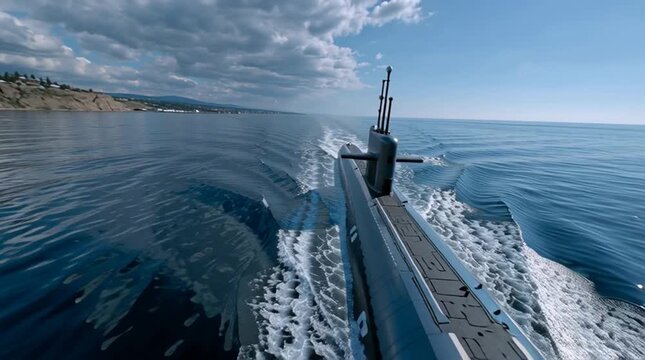A modern submarine sails along a picturesque coastline. The view from the deck is of sea waves and coastal cliffs.