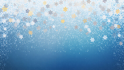 Glistening Winter Background Adorned with Sparkling Snowflakes in Golden and Silvery Hues, Creating a Magical Festive Ambiance on a Blue Gradient Backdrop