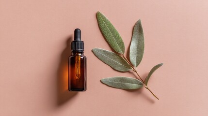 A cosmetic brown bottle with dropper and green leaves resting on a peachy pink background
