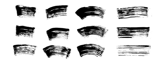 Mascara swatch brush stroke lines. Bold ink smudge with dry texture creates striking cosmetic mark, featuring flowing curves splatter effect. Makeup vector grunge black wave and straight underlines. © Syuzann q
