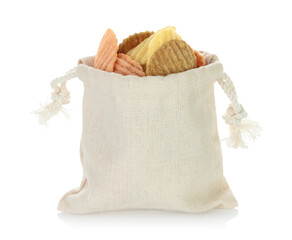 Open cotton fabric bag filled with assorted vegetable chips isolated on transparent background with reflection and shadows. Eco friendly zero waste packaging for healthy vegan and organic snack food