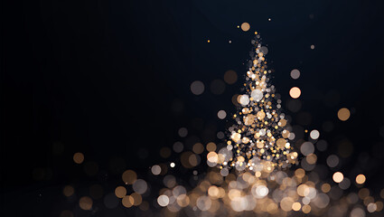 Shimmering golden bokeh lights abstractly shaping a festive Christmas tree against a dark, elegant background, ideal for holiday designs