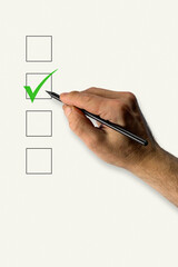 Hand with pencil voting. Hand marking vote box with checkmark.