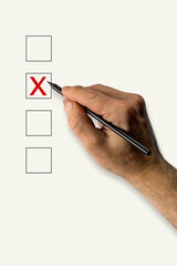 Hand with pencil voting. Hand marking vote box with cross.