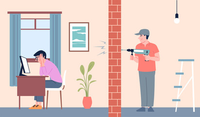 Home repair noise. Male character cant working at apartment from drill noisy. Neighborhood, neighbor repairman. Student is being prevented from studying, recent vector scene