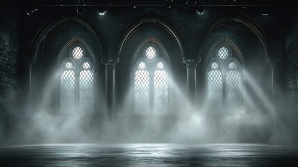 Interior view of gothic arched windows, bathed in light, with hazy atmosphere, dark theme