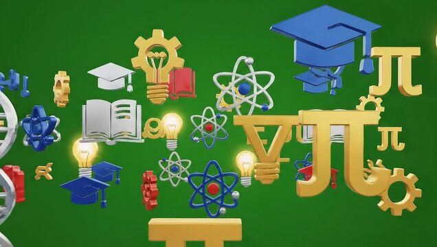 A vibrant 3D animation showcasing a collection of STEM-related icons, including DNA strands, gears, lightbulbs, graduation caps, and mathematical symbols, all floating and interacting against a solid.
