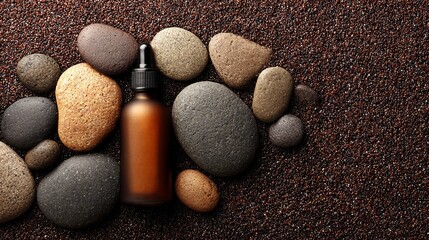 A bottle with a dropper surrounded by smooth, dark stones on a textured, reddish-brown surface