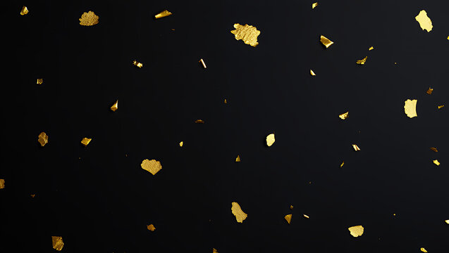 Shimmering gold foil flakes scattered on a rich dark background, creating a luxurious and festive abstract texture ideal for elegant designs, celebrations, and decorative overlays