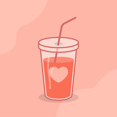 Valentine cold cup illustration. Transparent drink cup silhouette. Floating heart shaped ice cube inside. Smooth minimal outline. Warm playful refreshment theme.