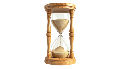 A classic wooden hourglass with sand flowing through a glass vessel