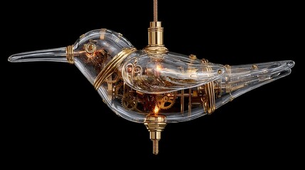 A clear glass bird-shaped sculpture filled with gears and mechanics, lit with warm internal light