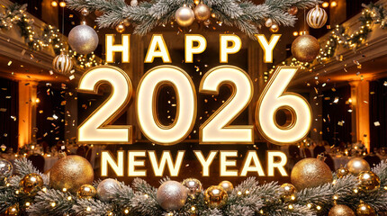Happy New Year 2026 Luxury Celebration with Golden Typography, Festive Ornaments and Elegant Holiday Decor