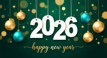 Happy New Year 2026 Celebration Background with Hanging Christmas Ornaments on Green Bokeh