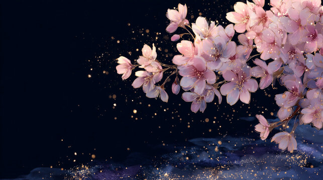 濃紺の背景に淡いピンクの桜と金の粒子が舞う幻想的な和風背景