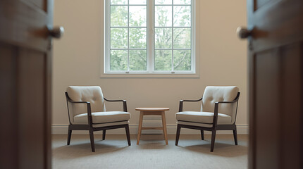 Serene and minimalist therapy office featuring two empty chairs facing each other, encouraging viewers to envision a conversation. This setting is ideal for articles discussing the initiation of thera