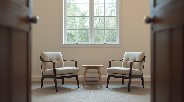 Serene and minimalist therapy office featuring two empty chairs facing each other, encouraging viewers to envision a conversation. This setting is ideal for articles discussing the initiation of thera