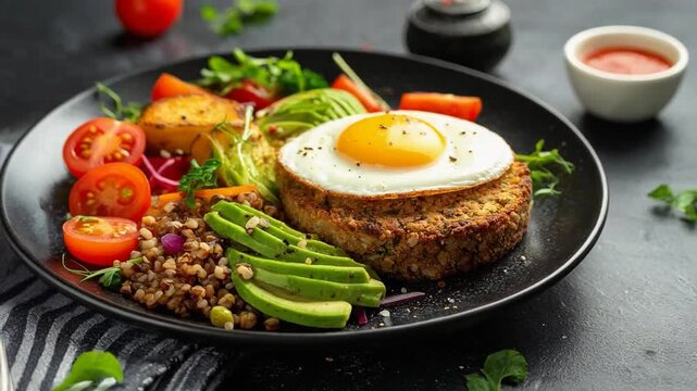 A healthy breakfast plate with a fried egg, grains, avocado, vegetables, and greens, served as a balanced and nutritious modern meal.