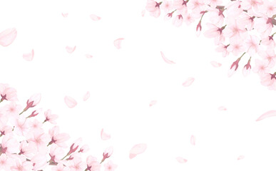 桜_手描き_花びら背景_横_桜上下斜めと舞う花びら