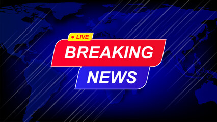 Breaking news screen banner, with globe world map, Blue color template design widescreen ratio 16:9 with Live icon, vector illustration for news channels, social media or internet television broadcast