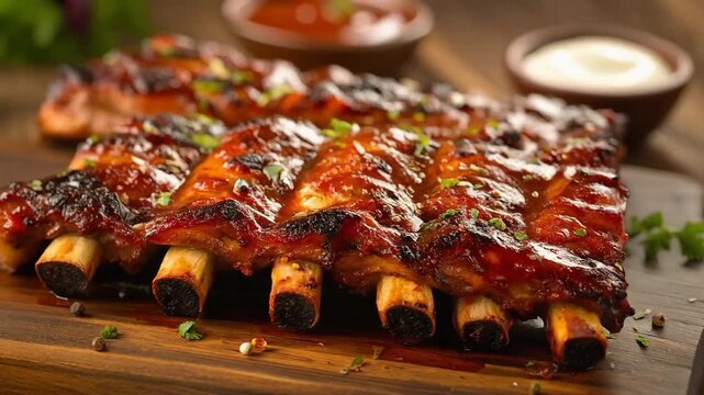 A rack of barbecue ribs glazed with rich sauce on a wooden board, creating a mouthwatering comfort food scene with bold flavors and rustic presentation.

