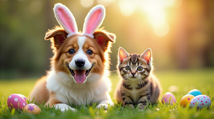 Adorable puppy in bunny ears and kitten sitting on green grass surrounded by colorful Easter eggs, outdoors in sunlight