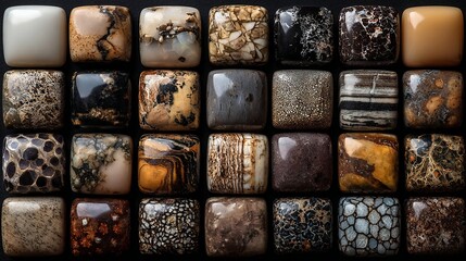 Square-shaped natural stone tiles of varying hues, arranged on a dark backdrop in a grid pattern